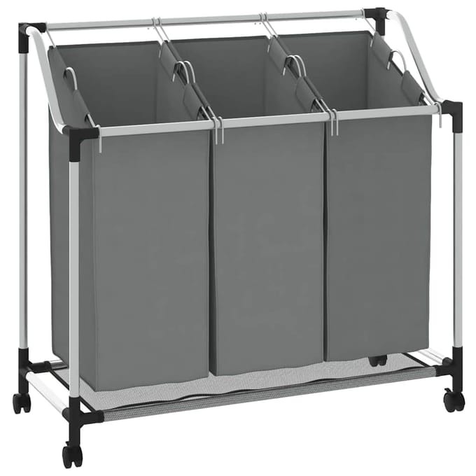 vidaXL - Wasmand - met - wielen - 3 - vakken - grijs