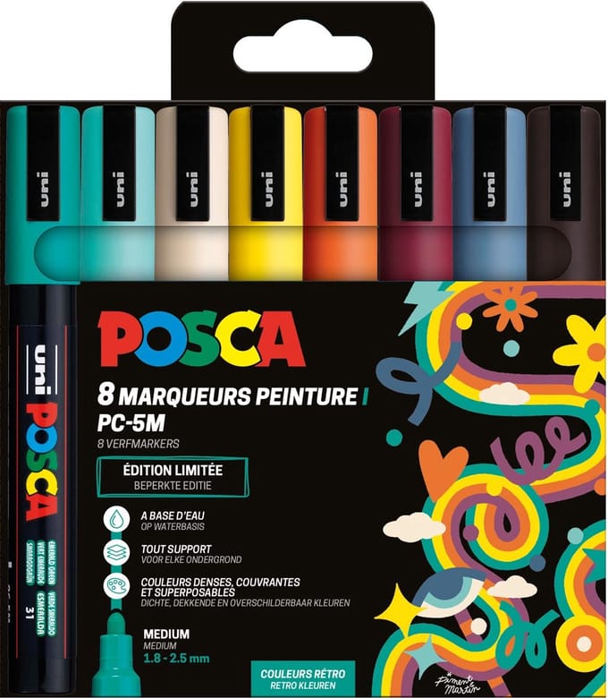 Uni POSCA paintmarker PC-5M | 1 | 8 - 2 | 5 mm | etui van 8 stuks in geassorteerde Retro kleuren