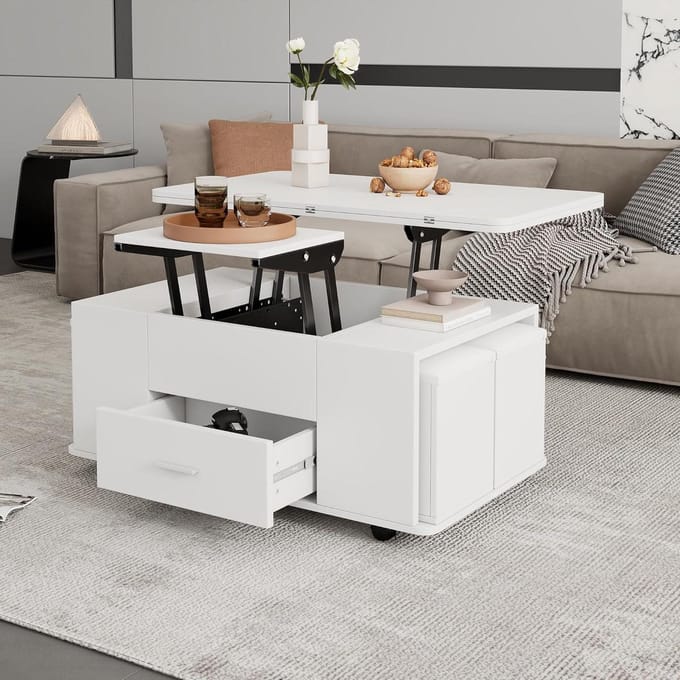 Salontafel - Eettafel - Ruimte Besparen - In hoogte verstelbaar - 100x50x45cm - Wit