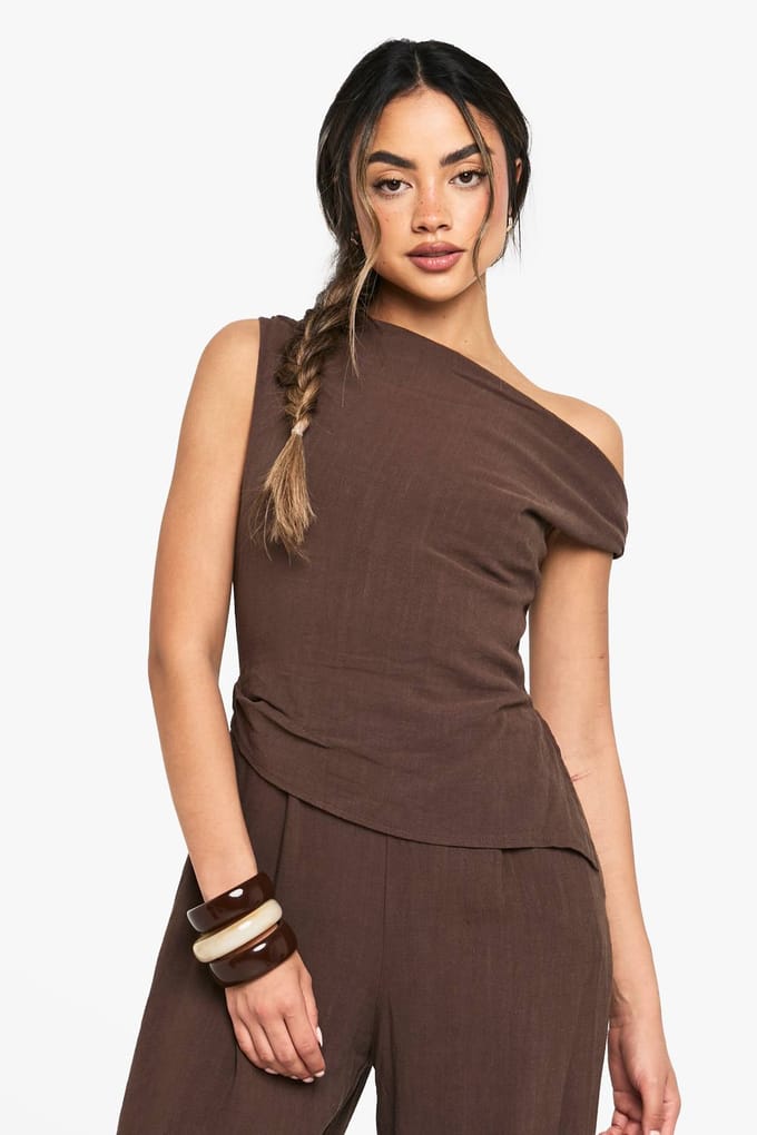 boohoo Dames Linnen Look Twist Strap Jumpsuit | Chocoladebruin | Maat: 38