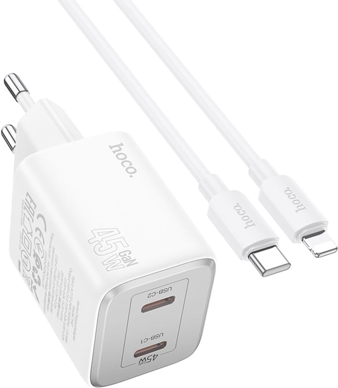 Hoco 45W Snellader - 2in1 Oplader USB C Set met Lightning Kabel Geschikt voor iPhone - Wit