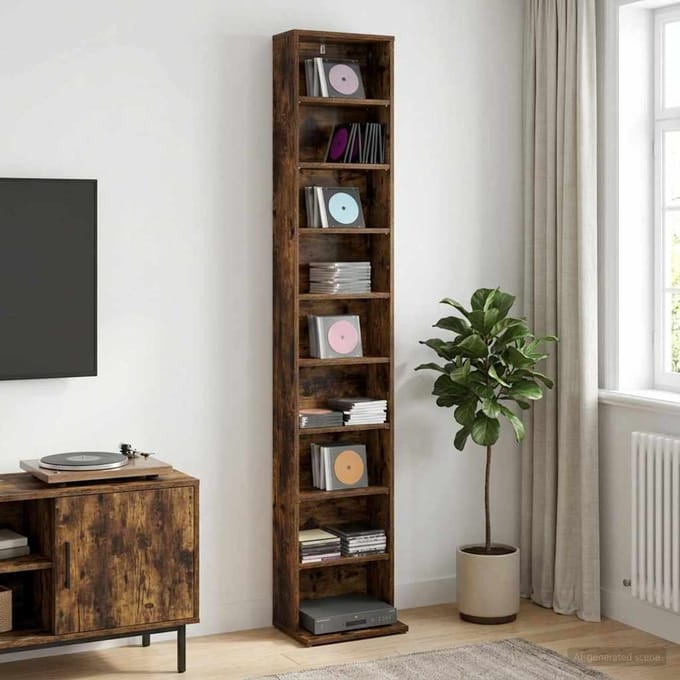 vidaXL - CD - Kast - Gerookt - eiken - 33 - x - 23,5 - x - 175 - cm - Bewerkt - hout