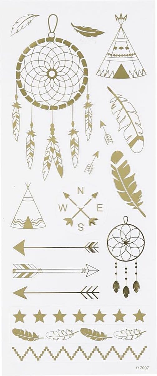 Stickers, indianen, vel 10x24 cm, ca. 17 stuk, goud, 1 vel