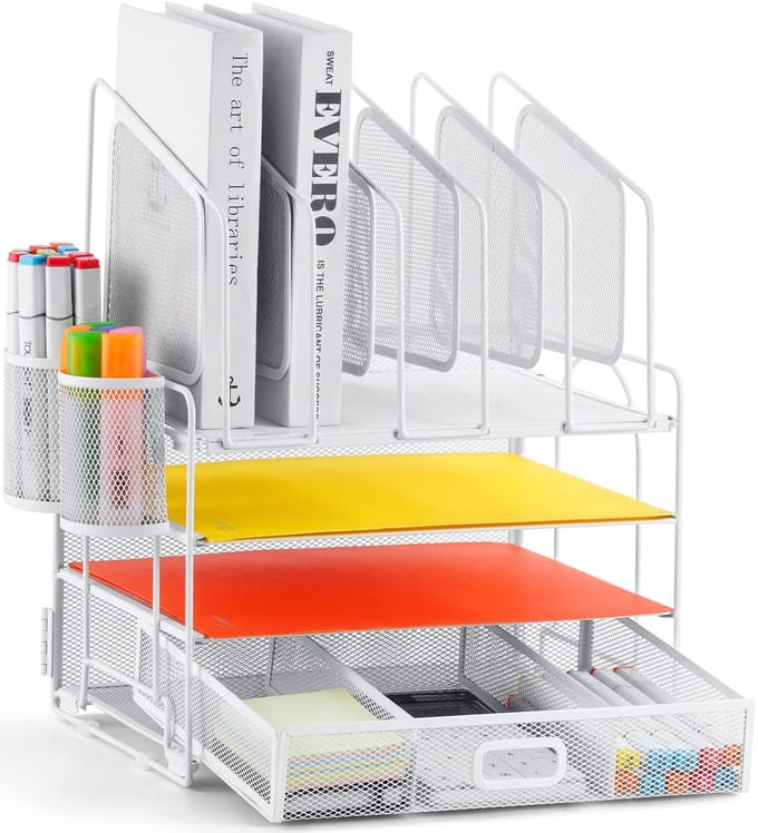Unyqoos® Multifunctionele Bureau-Organizer met Lade, Verticale Vakken en Penhouders voor Efficiënte Kantooropslag