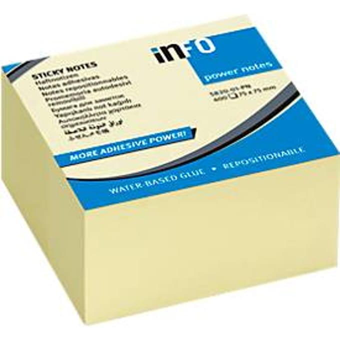 inFO Power Notes plaknotitieblokje, 75 x 75 mm, 400 vellen, blanco, geel, 75 x 75 mm, 400 vellen