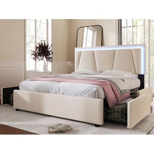 ModernLuxe Gestoffeerd bed 140x200cm in linnen - met 2 lades + LED + lattenbodem - Beige