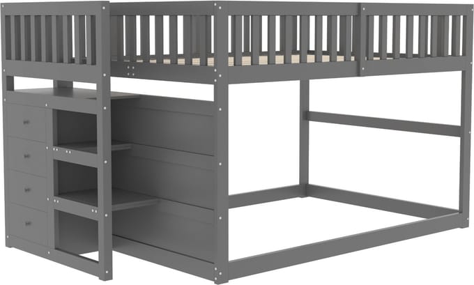 PHOEBE CAT Halfhoogslaper - 140 x 200 cm - 4 lades - Veiligheidsrail - Kinderbed - Grijs