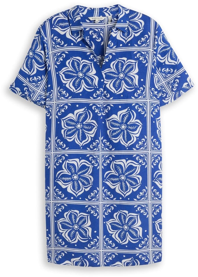 Tom Tailor - Plus Size - Jurk met linnen - Maat 46 - blue flower tile design