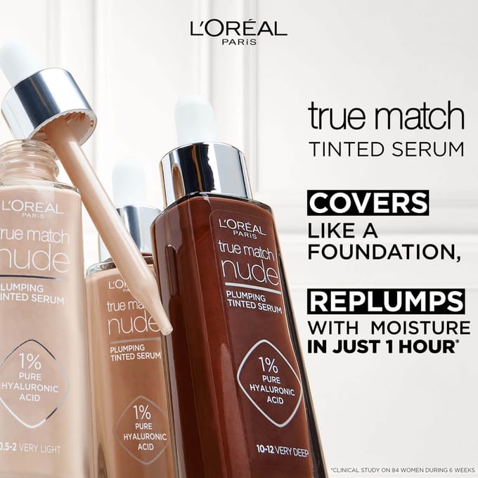 L'Oréal Paris True Match Nude Volumegevend Getint Serum Foundation met hyaluronzuur - 3-4 Light Medium - 30ml - Vegan