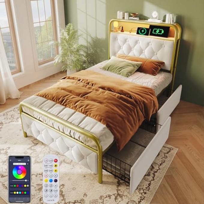 Gestoffeerd Eenpersoonsbed 90x200 met LED en USB-C - Hoofdeinde en Opbergladen