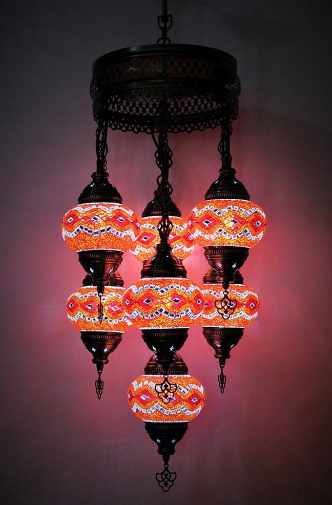 Turkse hanglamp - mozaïek glas rood - 7 bollen - hoogte 145 cm