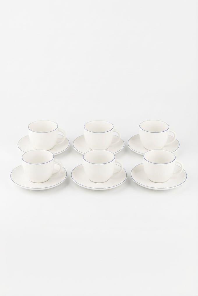 vtwonen - Kop en Schotels - Wit/Blauw Lijn - Set van 6 - 250ml