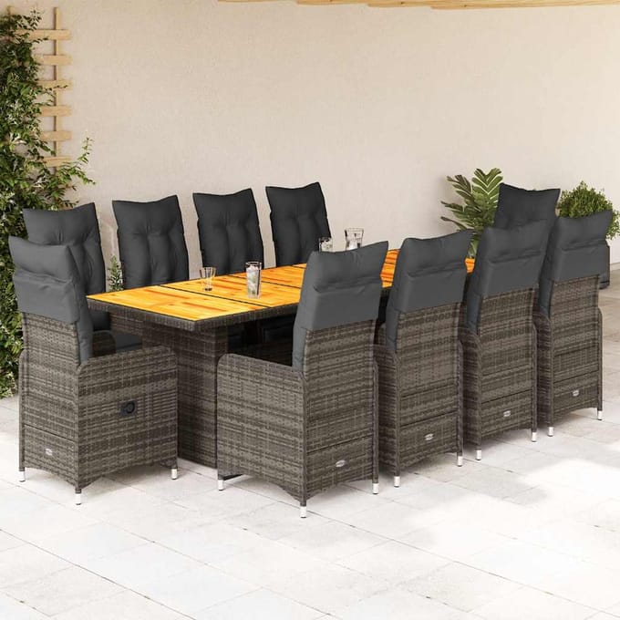 vidaXL - 11-delige - Bistroset - met - kussens - poly - rattan - grijs