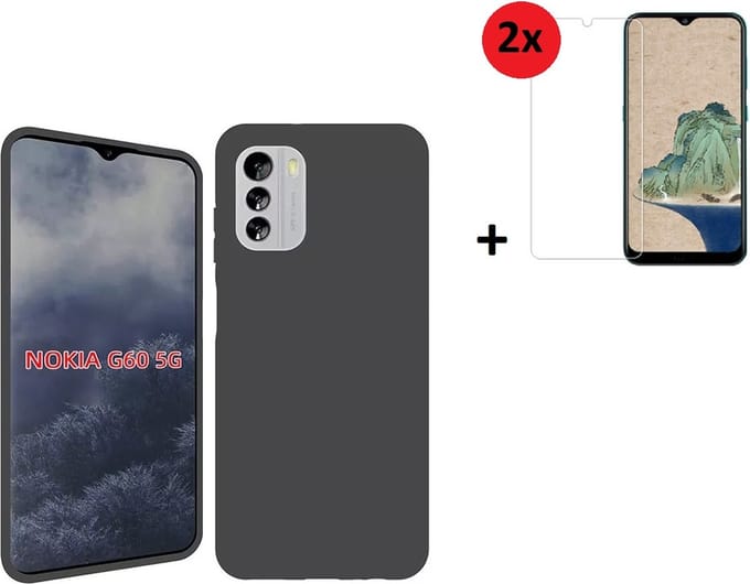 Nokia G60 Hoesje - Siliconen - Nokia G60 Screenprotector - Hoesje Zwart Case + 2x Screenprotector