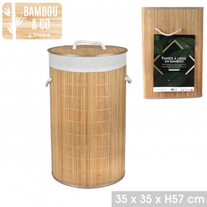 "BAMBOU & CO" RONDE WASMAND MET BAMBOE DEKSEL 54 L – 35 × 35 × H57 CM