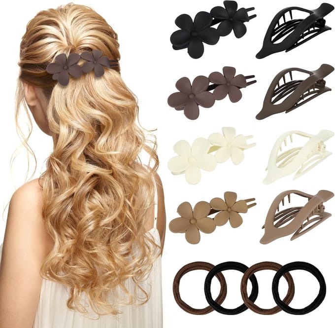8 Stuks Haarklemmen Set voor Dames - Bloemen en Platte Haarclips met Elastiekjes