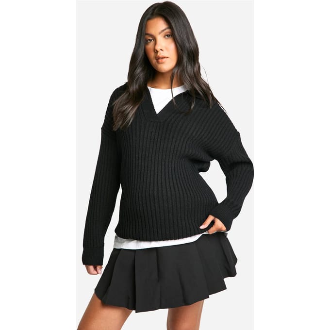 boohoo Dames Maternity Soft Wide Rib Knit Collared Jumper | Zwart | Maat: Large