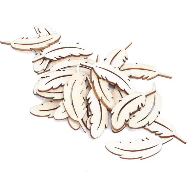 25 stuks Houten Schijven Leuke Veer Vormige Onbewerkte Chips Houten Knutselwerkjes voor Decoratie white
