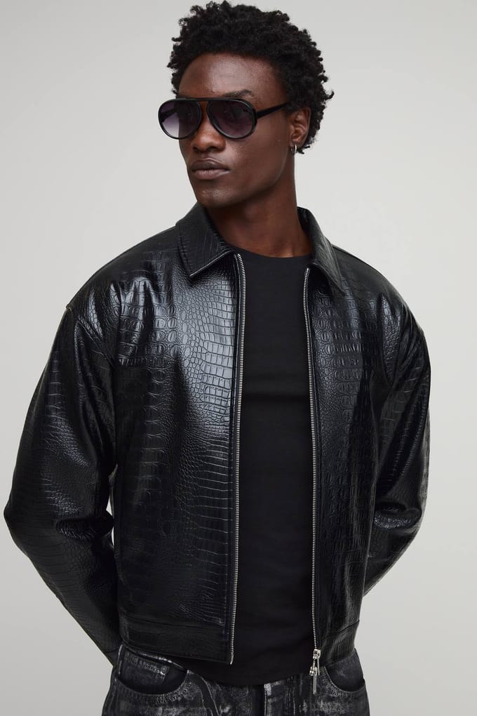 Boxy Faux Croc PU Harrington jas | Black | Size Medium