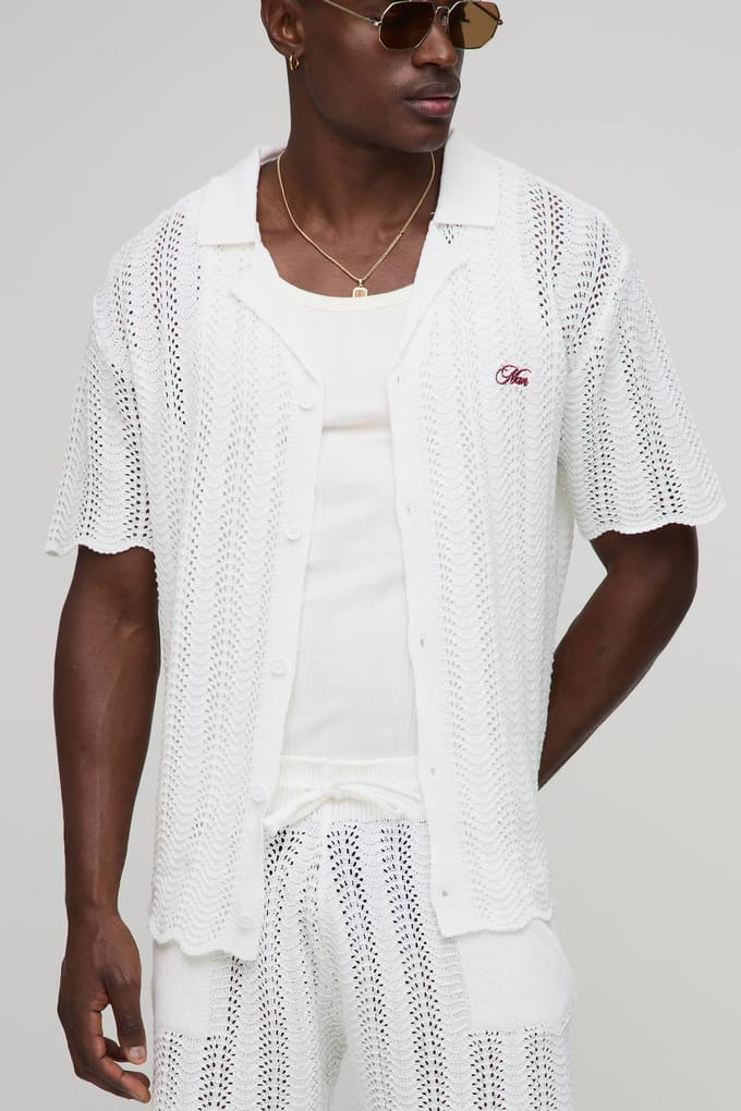 HEREN Oversized Boxy Geborduurd Golvend Gehaakt en Gebreid Overhemd | White | Size Medium