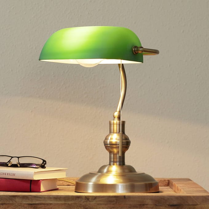 Lindby - bureaulamp - 1licht - Metaal, glas - H: 38 cm - E27 - antiek messing, groen