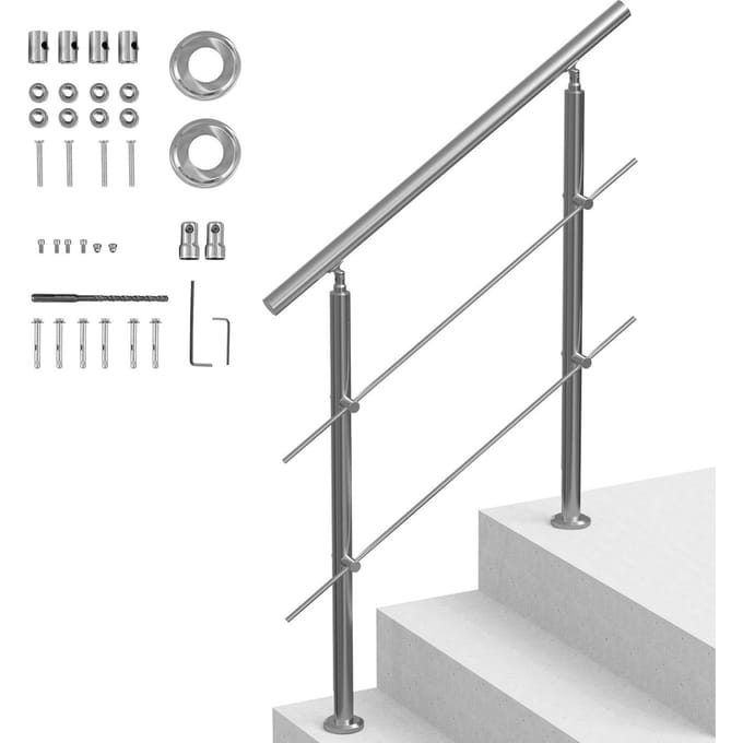 Garde-corps de 39,4 pouces pour marches extérieures, 2 traverses, escalier pour porche, terrasse