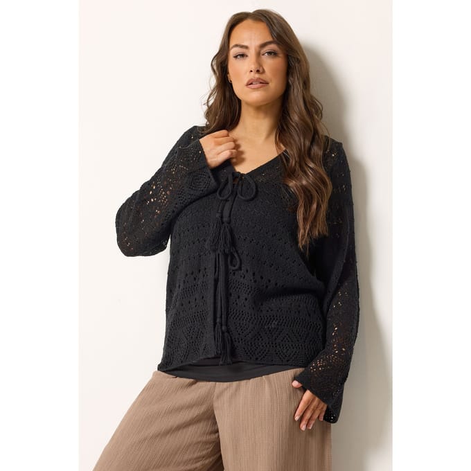 Yours Zwart Pointelle Gebreid Vest Met Strik Size 58-60