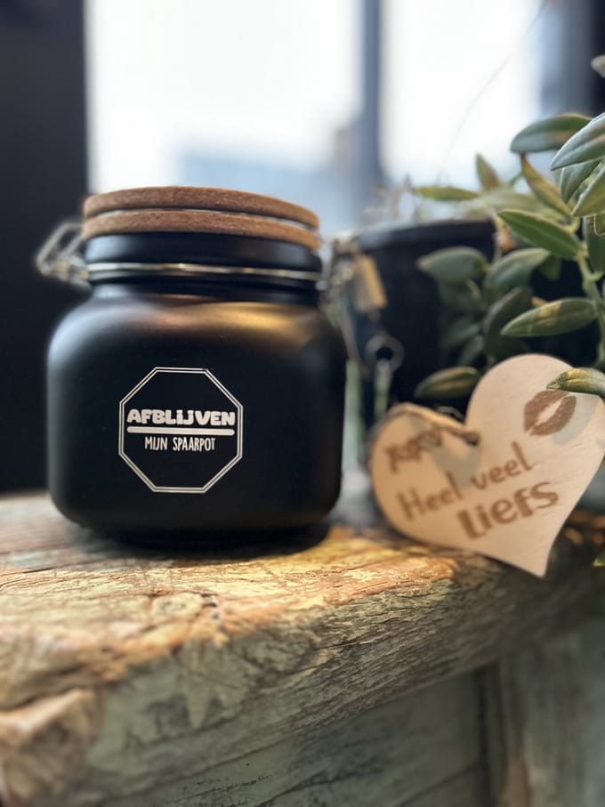 Creaties van Hier - Luxe Spaarpot met houten hartje - Afblijven - Glas