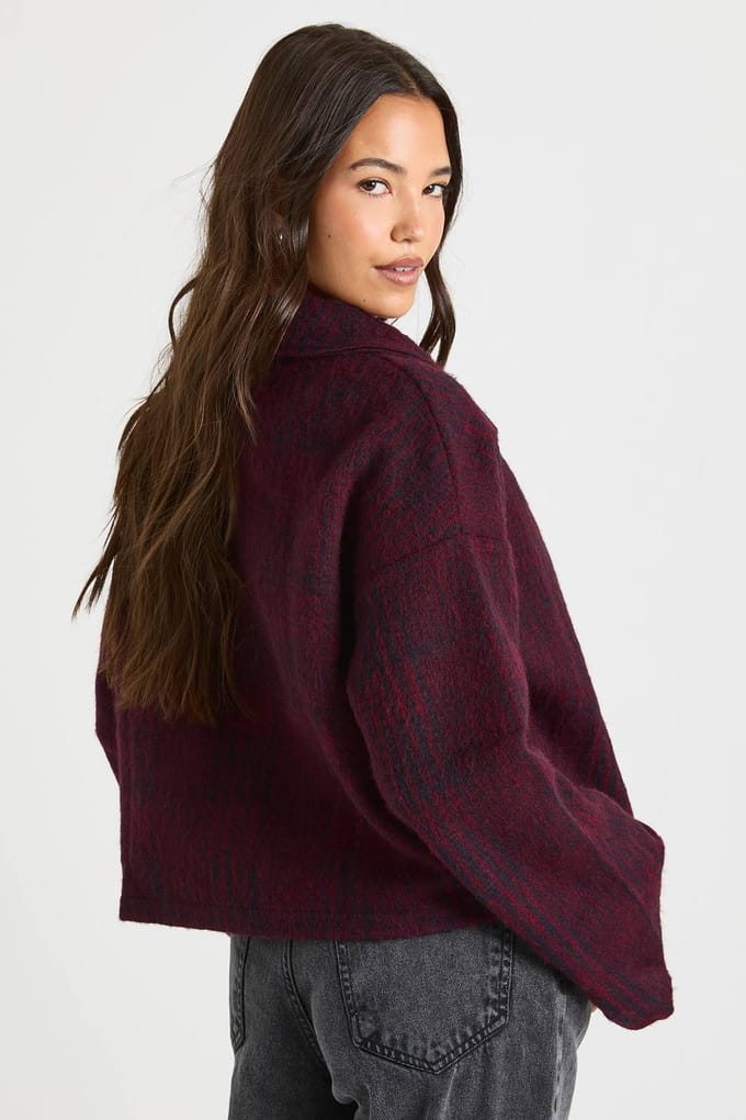 boohoo Dames Check Wool Look Kraagjas | Burgundy | Maat: 10