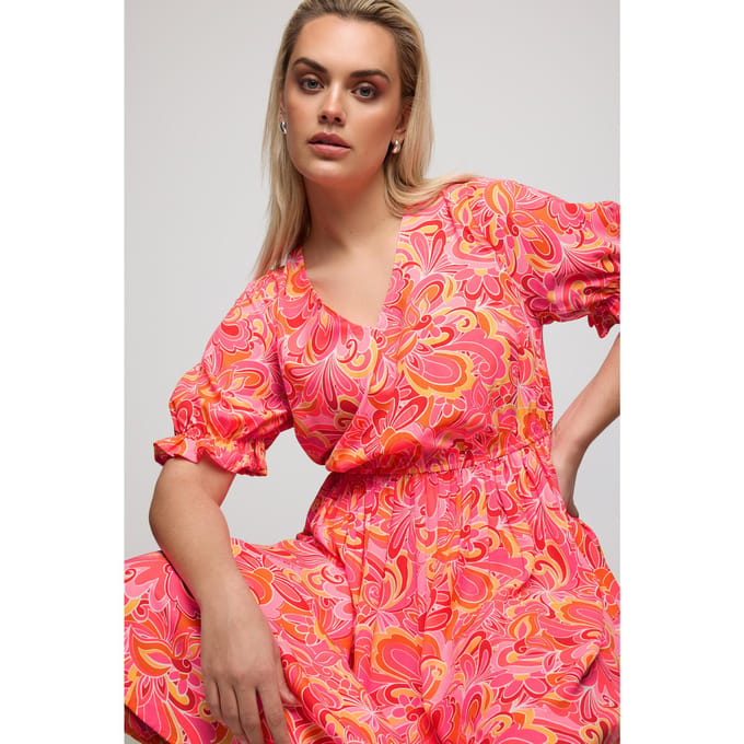 Yours Midijurk Met Korte Mouwen En Abstracte Print In Roze Size 48
