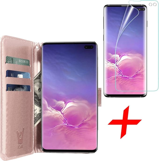Hoesje geschikt voor Samsung Galaxy S10 Plus - Screen Protector FlexGuard - Book Case Kunstleer Pasjeshouder Rosegoud & Screenprotector