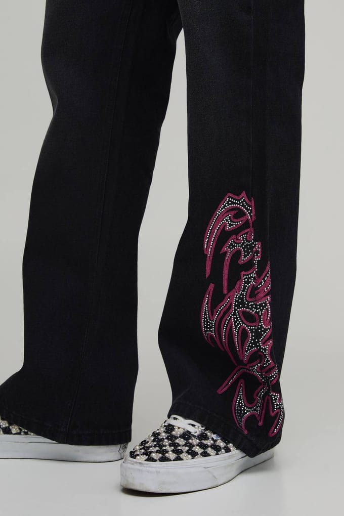 Uitlopende Jeans Met Touwriem En Versierde Print | Washed Black | Size 36