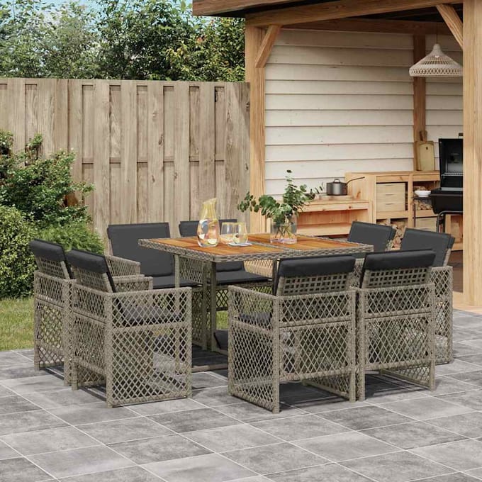 vidaXL - 9-delige - Tuinset - met - kussens - poly - rattan - grijs
