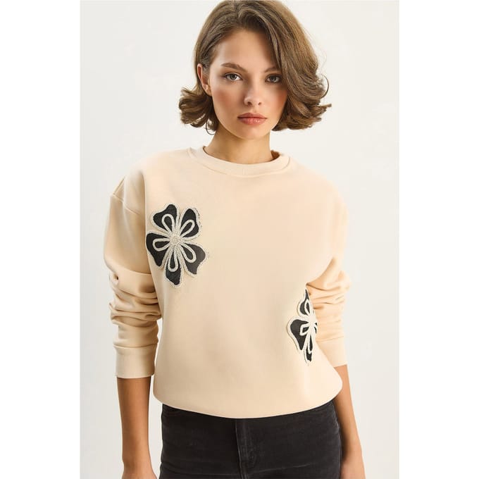 Geborduurd Ronde Hals Katoenen Sweatshirt