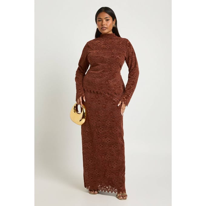 boohoo Dames Plus Premium Kanten Maxi Rok | Chocolate | Maat: 16