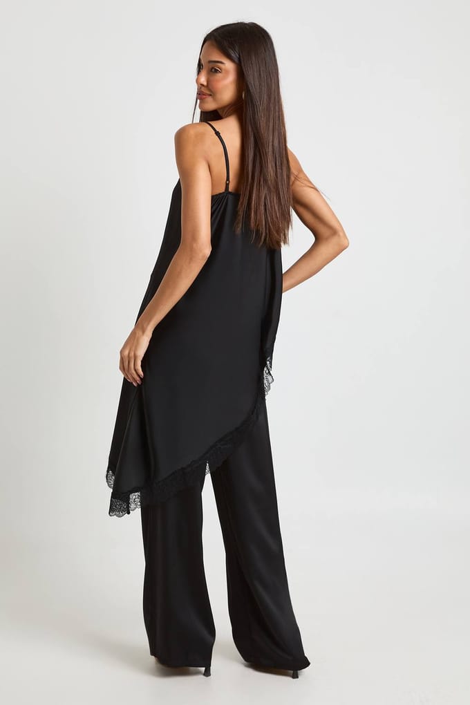 boohoo Dames Kanten Rand Satijnen Hemdjes & Broek Co Ord | Zwart | Maat: 42