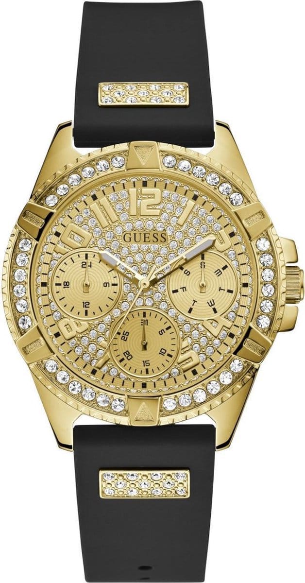 Een gouden cirkelvormig wijzerplaat kristal quartz horloge met een siliconen band, voorzien van kalender/datum weergavefunctie. Modelnummer: W1160L1. beige