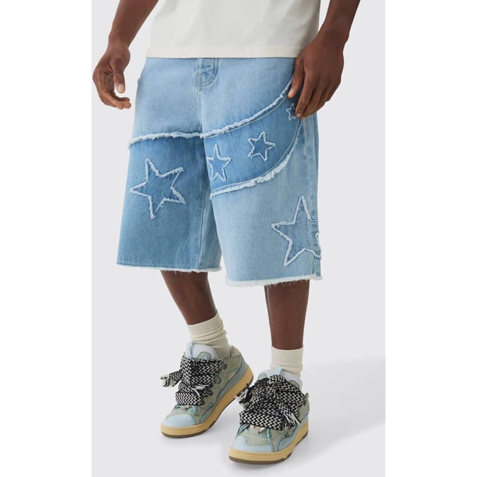 Reguliere Rigid Star Applique Denim Jorts in Ice Blue | Size 34