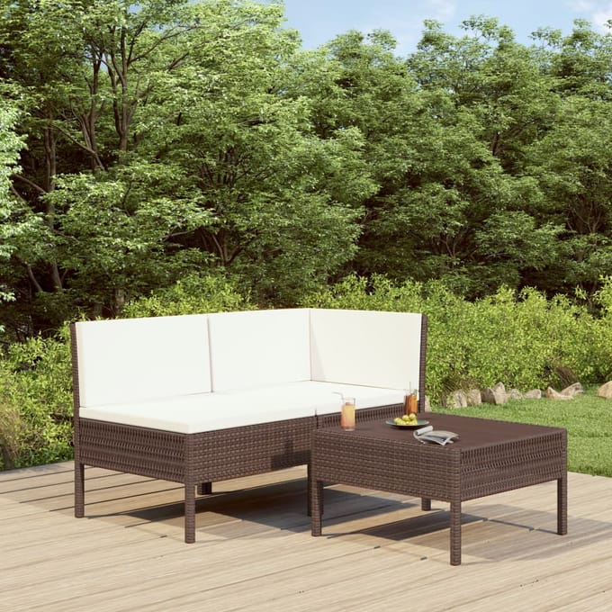vidaXL - 3-delige - Loungeset - met - kussens - poly - rattan - bruin