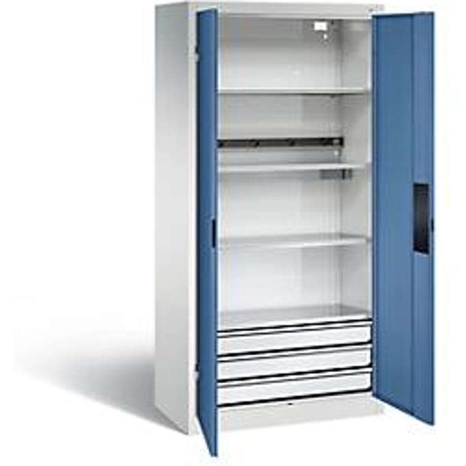 C+P acculaderkast Basic met deuren van massief plaatstaal, H 1950 x B 930 x D 500 mm, lichtgrijs/blauw