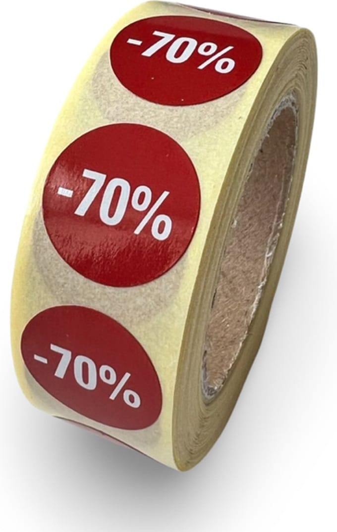 Kortings etiket op rol 70% - 500 stuks - rond 20mm