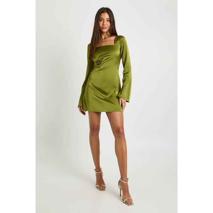 boohoo Dames Vierkante hals satijnen shiftjurk | Olive | Maat: 8