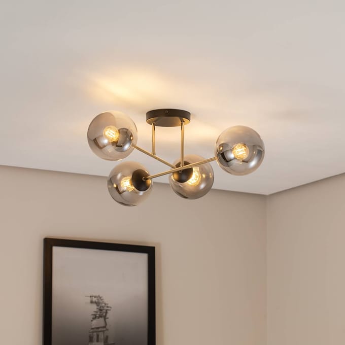 Emibig 4 lamps E14 stijlvolle plafondlamp messing met zwart en fumé bollen - Perfect voor een moderne uitstraling in uw interieur