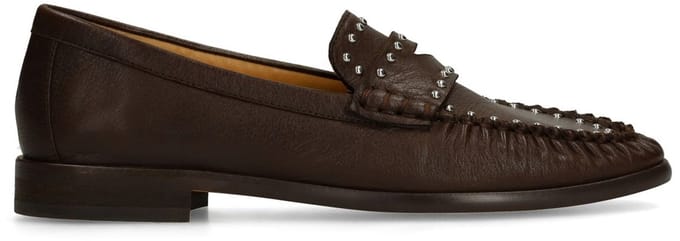 Manfield - Dames - Bruine leren loafers met zilverkleurige studs - Maat 36