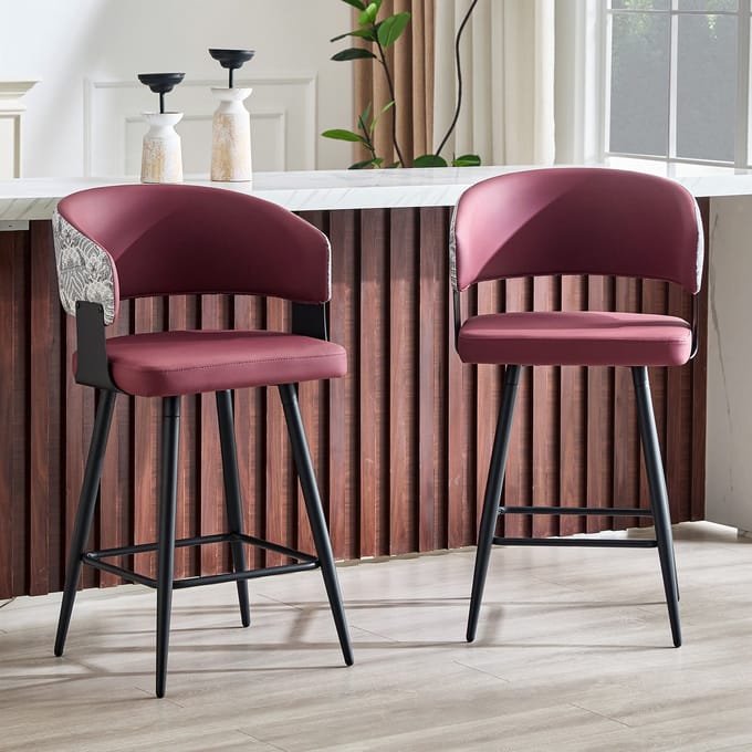 MODFU - Eetkamerstoel - Gestoffeerd Met Armleuningen - Mid-Century - Voor Eetkamer - Imitatieleer - Rood