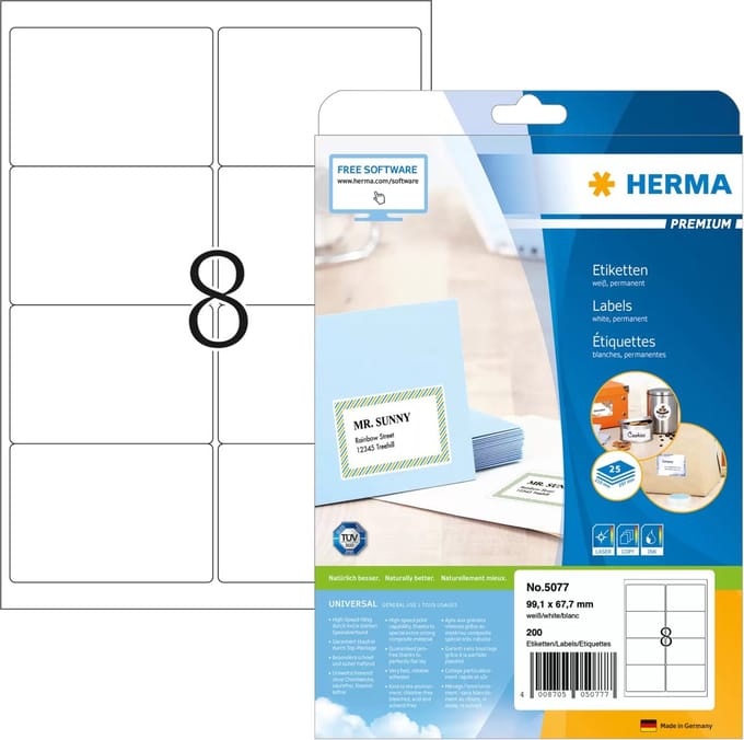 HERMA Etiketten wit 97x67.7 Premium A4 200 st.