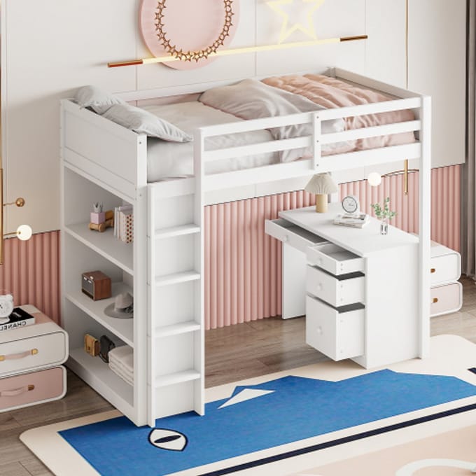 Halfhoog Bed 90x200 cm met Opbergkasten en Computertafel, Multifunctioneel Kinderbed van Hout, Wit