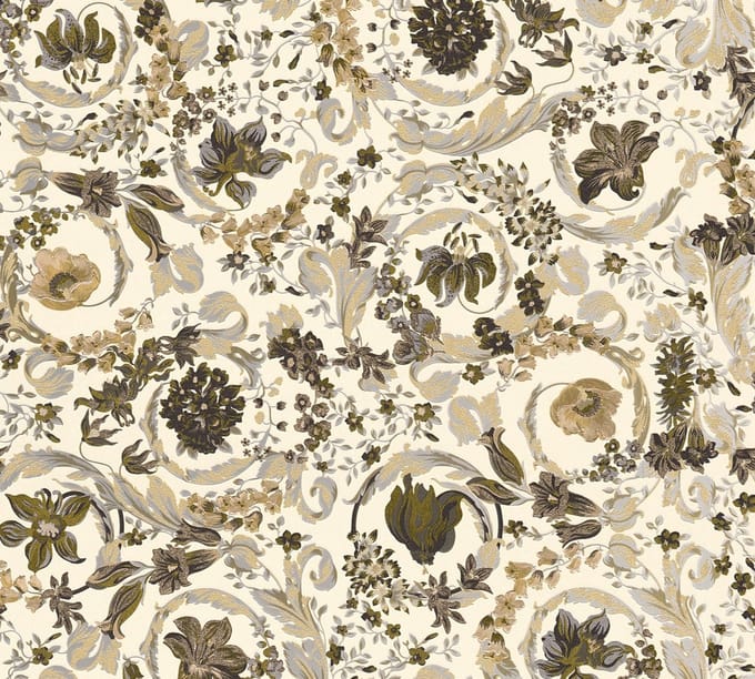 SATIJN GLANZENDE KLASSIEKE BLOEMEN BEHANG | Design - parelbeige wit bruin - A.S. Création Versace 5
