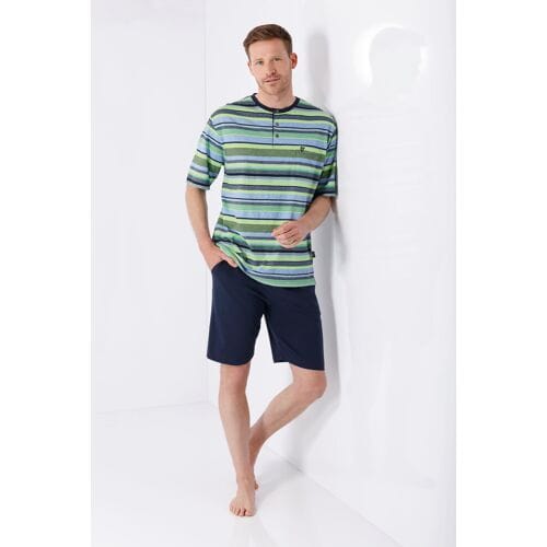 Hajo heren shortama groen blauw gestreept - Blauw - Maat - 54