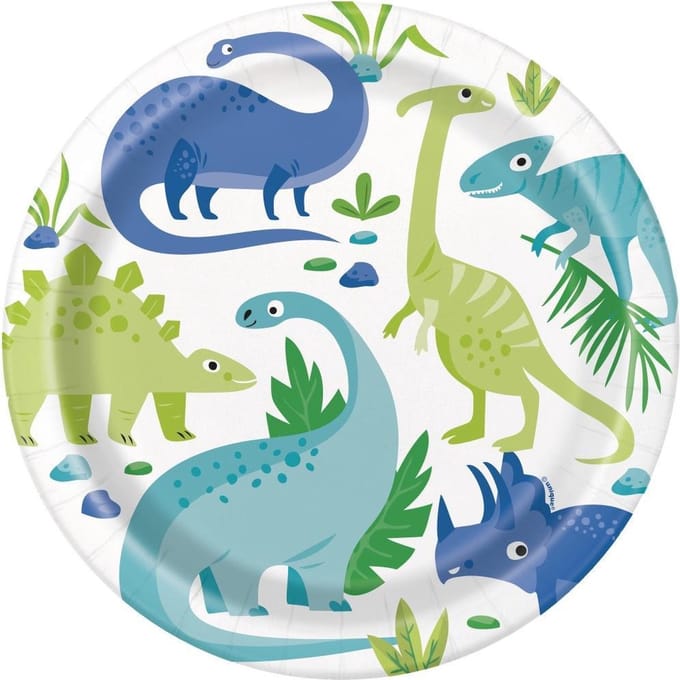 Kartonnen bordjes dinosaurussen blauw en groen 22cm - 8 stuks - Unique